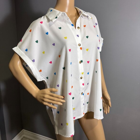 White Button-Down Shirt with Rainbow Heart Print ~ Fun, Playful Oversized Fit - Picture 3 of 4